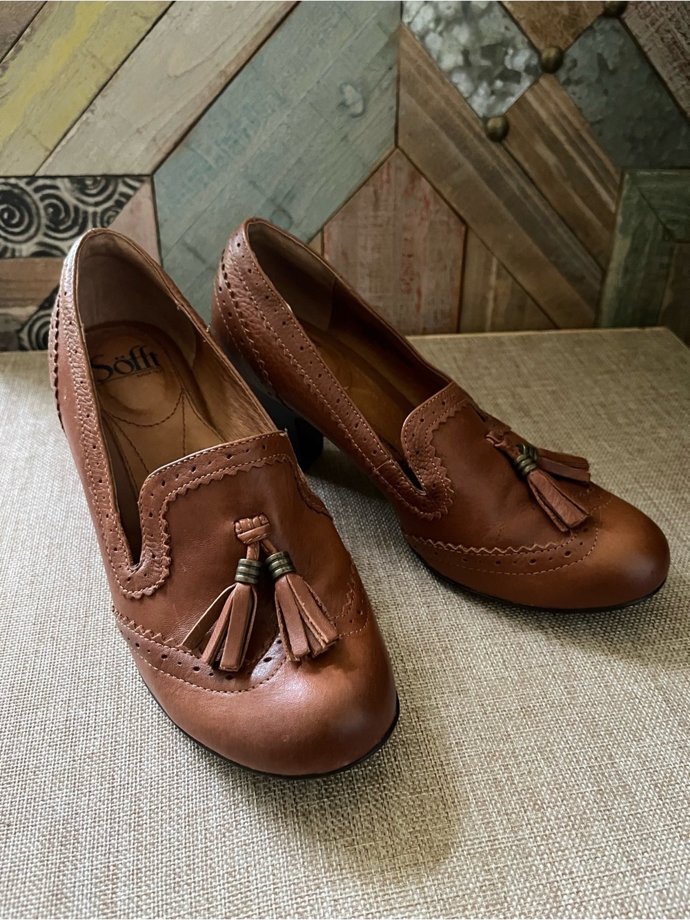Sofft Cognac Leather Tassel Loafers